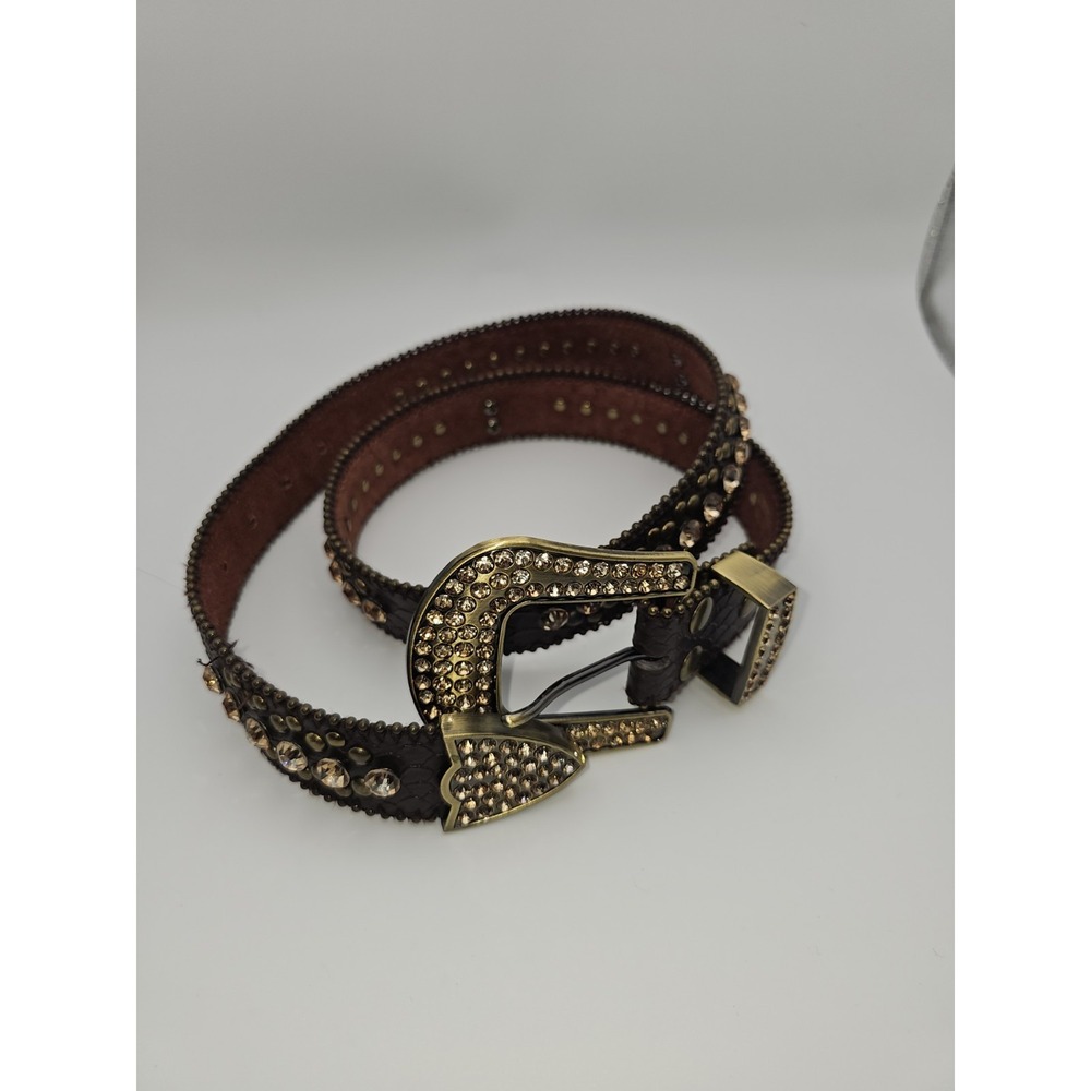 Ladies dark brown leather belt with brass crosses & studs, Citron rhinestones